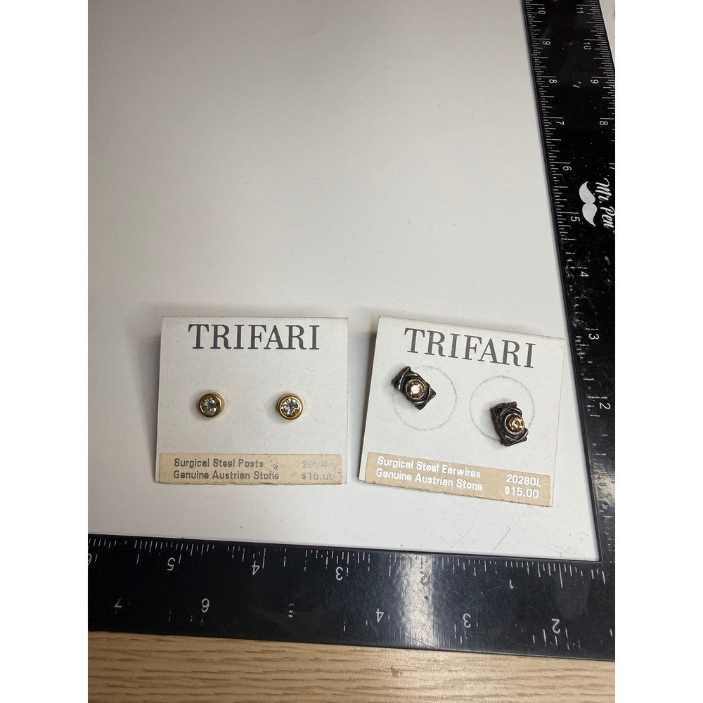 Trifari Austrian Stone Earring Set Gold Tone Bezel Silver Tone Knot Studs 2 Pair